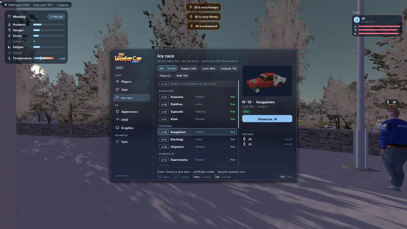 Race panel in the game